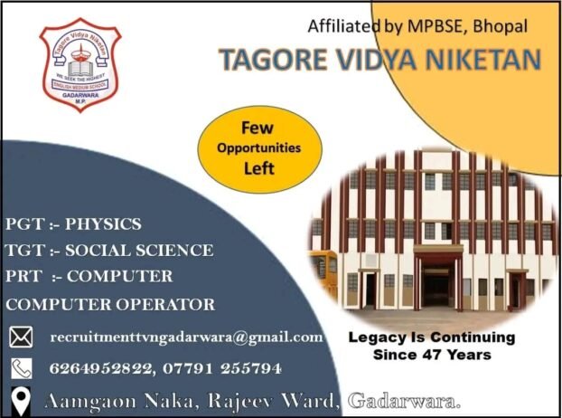 TEACHER JOBS!! in-gadarwara , Madhya Pradesh at TAGORE VIDYA NIKETAN