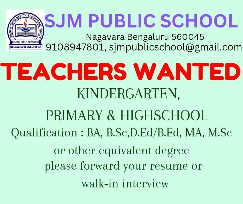 TEACHER JOBS!! in-Bengaluru, Karnataka at SJM PUBLIC SCHOOL