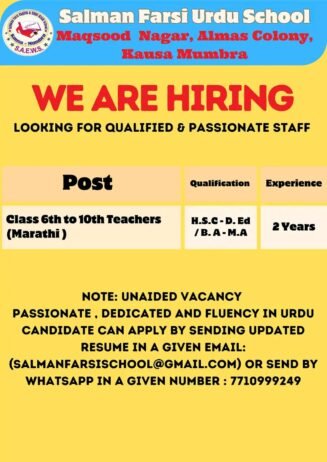 TEACHER JOBS!! in – Mumbra, Maharashtra at Salman Farsi Urdu School