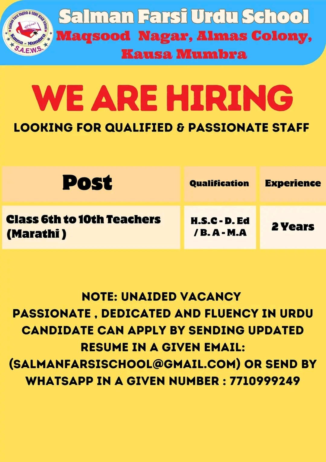 TEACHER JOBS!! in – Mumbra, Maharashtra at Salman Farsi Urdu School