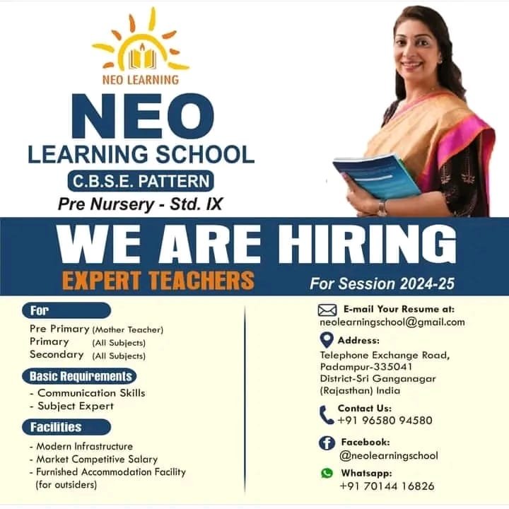 TEACHER JOBS!! in – Sri Ganganagar ,Rajasthan at NEO LEARNING SCHOOL