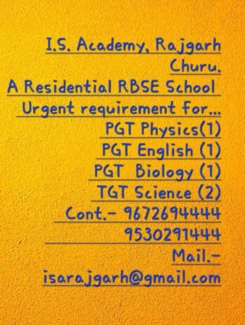TEACHER JOBS!! in- Churu,Rajasthan at I.S. Academy