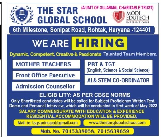 TEACHER JOBS!! in-Rohtak, Haryana  at THE STAR GLOBAL SCHOOL