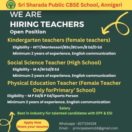 Teachers Job in Sri Sharada Public CBSE School, Annigeri, Karnataka