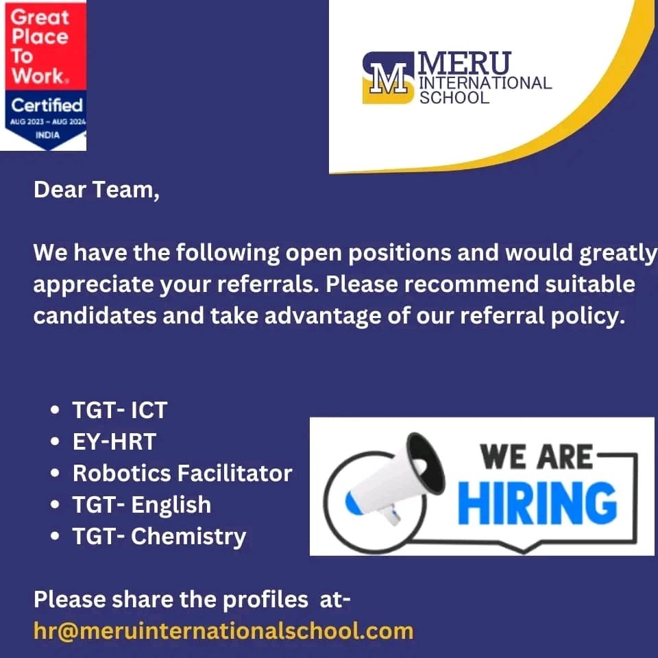 TEACHER HIRING! MERU M INTERNATIONAL SCHOOL, HYDERABAD
