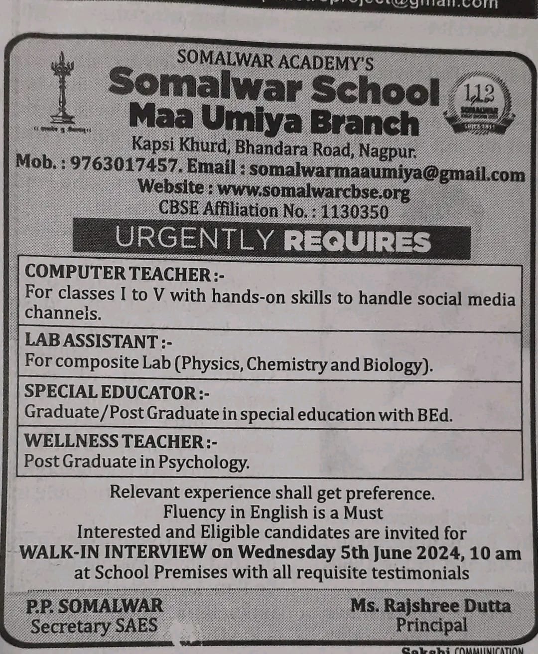 TEACHER HIRING! SOMALWAR ACADEMY’S Maa Umiya Branch, Nagpur
