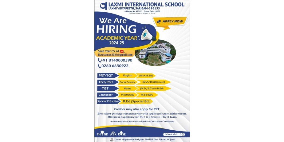 Teacher Vacancy at Laxmi International School, Valsad, Gujarat.