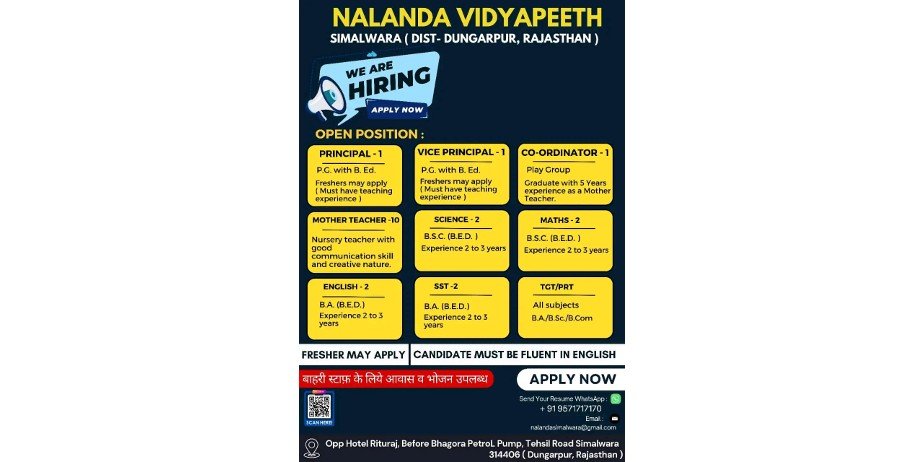 Teacher Vacancy at Nalanda Vidyapeeth School, Simalwara (Dist- Dungarpur, Rajasthan).