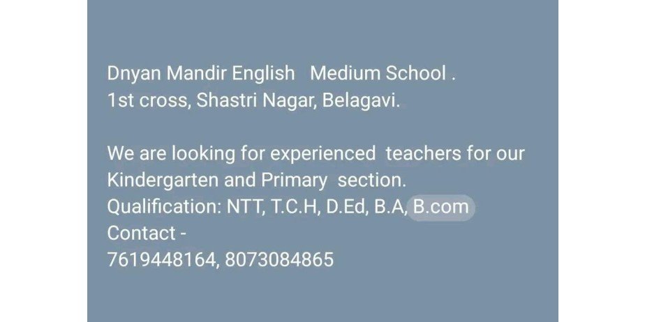 Teacher Vacancy at Dnyan Mandir English Medium School, Belagavi, Karnataka.