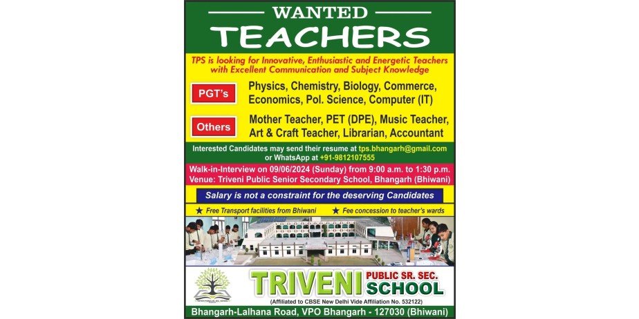 Teacher Vacancy at Triveni Public Senior Secondary School!, Bhiwani, HARYANA