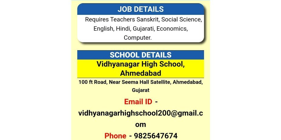 Teacher Vacancy at  Vidhyanagar High School!, Ahmedabad, Gujarat