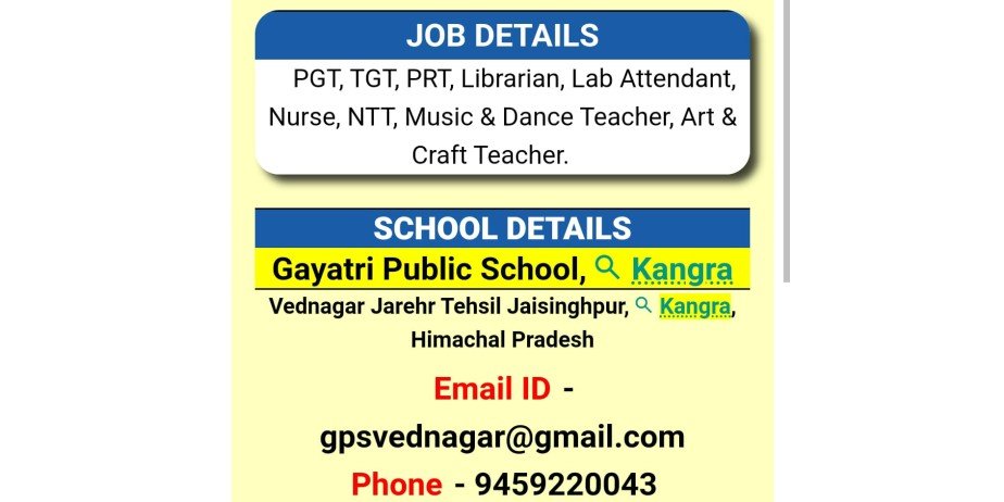 Teacher Vacancy at Gayatri Public School, Kangra ,Himachal Pradesh.