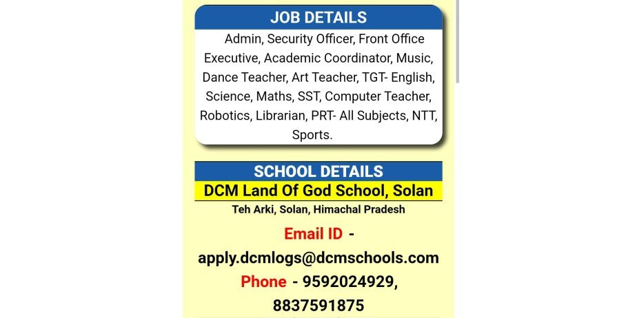 Teacher Vacancy at DCM Land Of God School, Solan, Himachal Pradesh