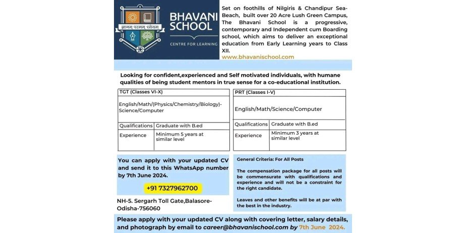 Teacher Vacancy at Bhavani School Team!,  Balasore,  Odisha.