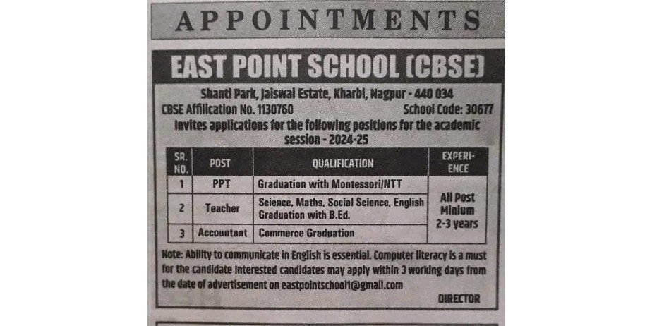 Teacher Vacancy at East Point School, Nagpur, Maharashtra.