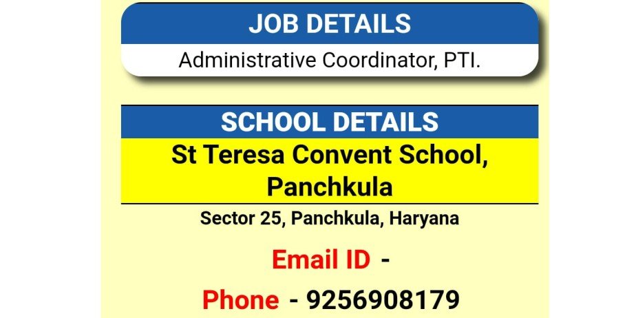 Teacher Vacancy at St Teresa Convent School, Jhiwri Wala, Panchkula, Haryana.