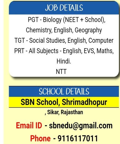 Teachers Job at SBN School, Shrimadhopur Sikar, Rajasthan