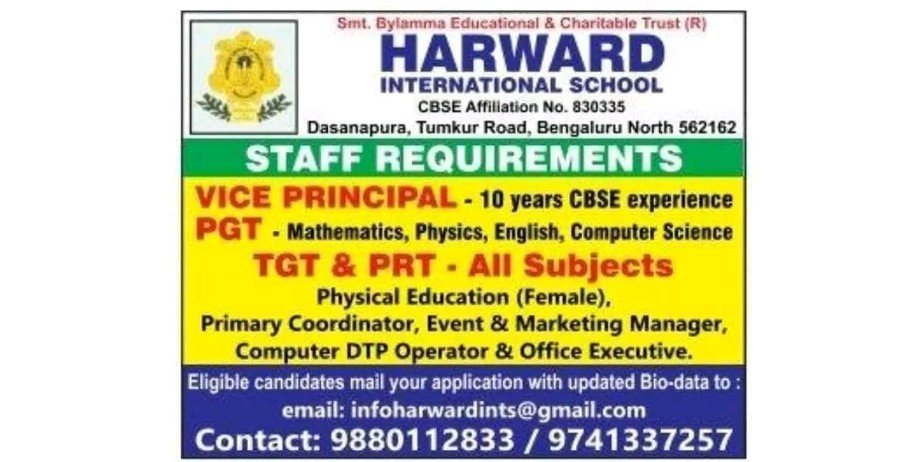 Teacher Vacancy at Harvard International School,  Bengaluru, Karnataka.