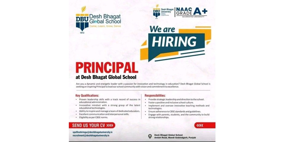 Teacher Vacancy at Desh Bhagat Global School, Mandi Gobindgarh, Punjab.