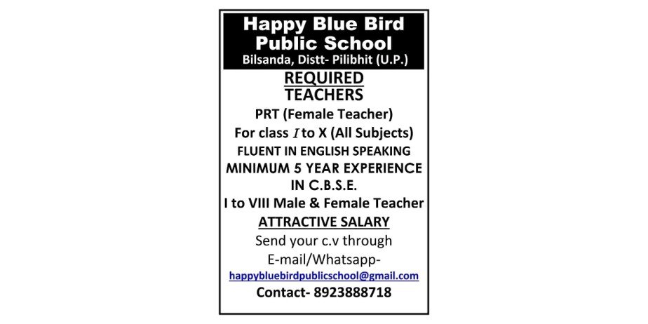 Teacher Vacancy at  Happy Blue Bird Public School, Pilibhit, Uttar Pradesh.
