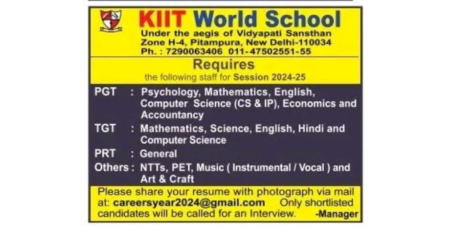 Teacher Vacancy at KIIT World School, New Delhi, Delhi.