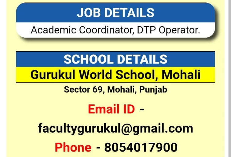Teacher vacancy at Gurukul World School, Mohali, Sahibzada Ajit Singh Nagar, Punjab.