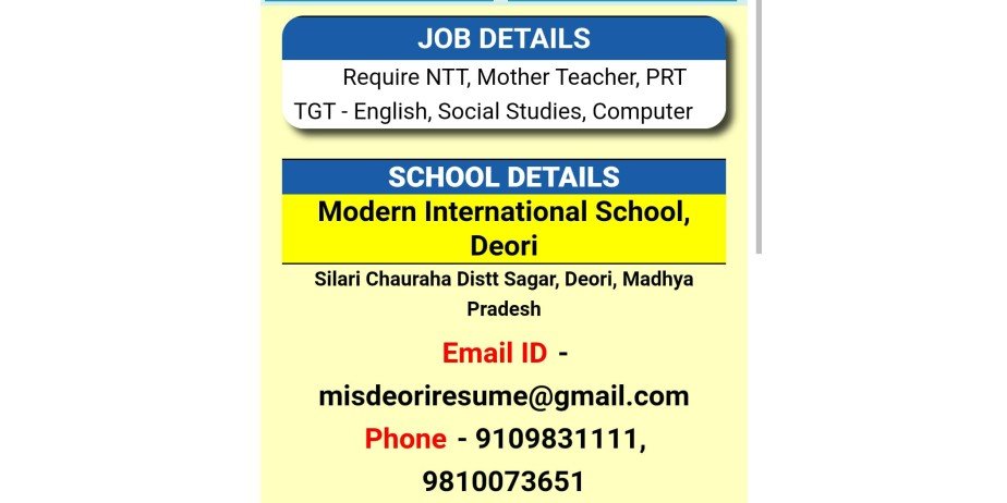 Teacher Vacancy at  Modern International School,  Deori, Sagar, Madhya Pradesh.