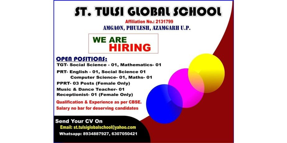 Teacher Vacancy at St. Tulsi Global School, Azamgarh, Uttar Pradesh.
