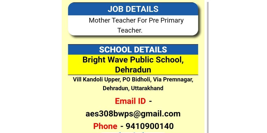 Teacher Vacancy at Bright Wave Public School, Dehradun, Uttarakhand.