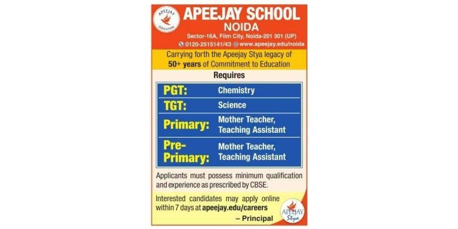 Teacher Vacancy at Apeejay School,  Noida, Gautam Buddha Nagar,  Utter Pradesh.