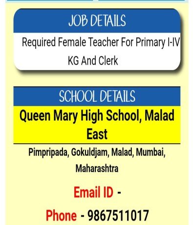 Teachers job at Queen Mary High School, Mumbai