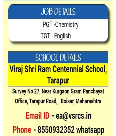 Teacher job at Viraj Shri Ram Centennial School, Tarapur