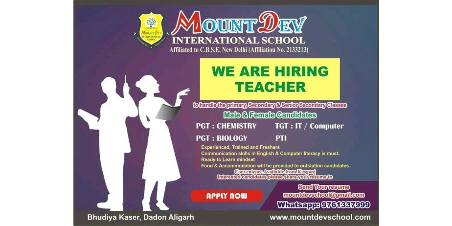 Teacher jobs at Mount Dev International School, Aligarh, Uttar Pradesh