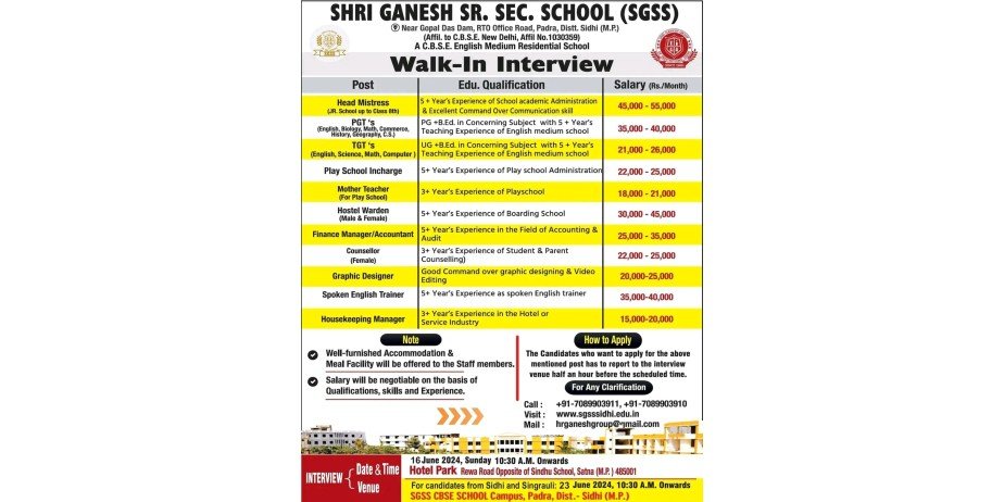 Teacher jobs at  Shri Ganesh Sr. Sec. School, Satna, Madhy Pradesh