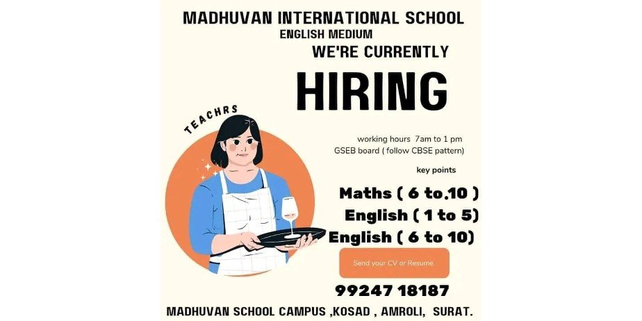 Teacher jobs at Madhuvan International School, Surat, Gujarat