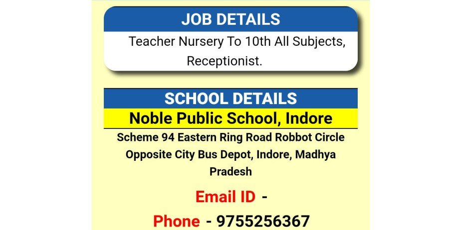 Teacher jobs at Noble Public School, Indore, Madhya Pradesh