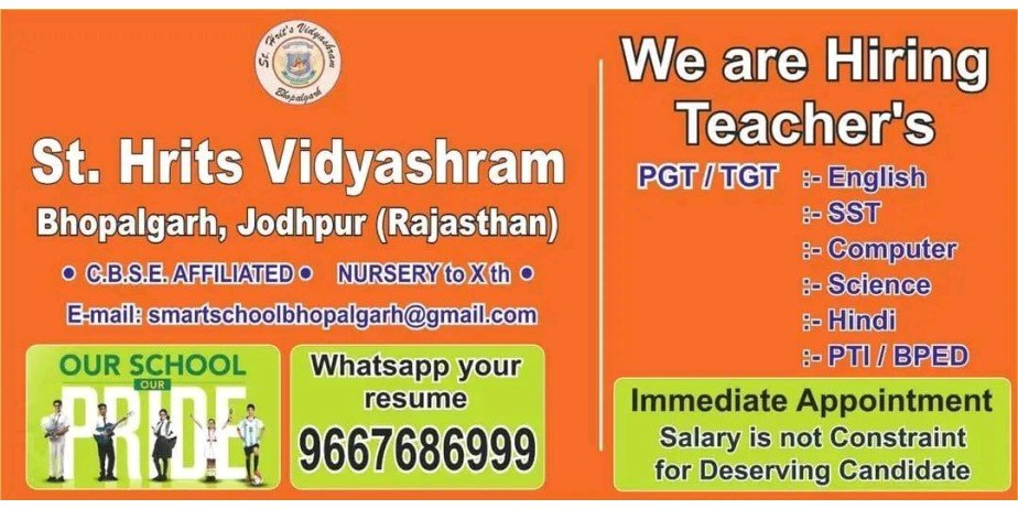 Teacher Jobs at  St. Hrits Vidyashram, Jodhpur, Rajasthan