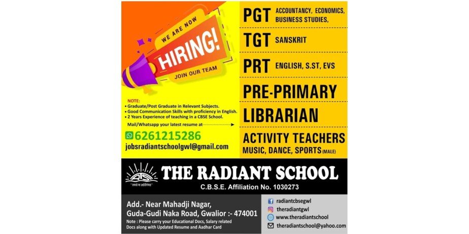 Teacher jobs at  The Radiant School, Gwalior, Madhya Pradesh