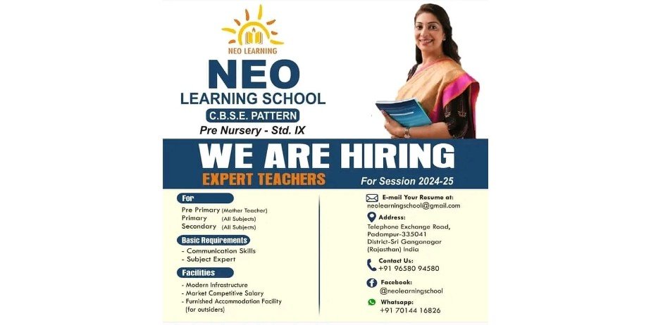 Teacher Jobs at NEO Learning School, Sri Ganganagar, Rajasthan