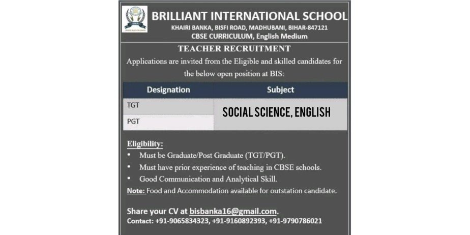 Teacher jobs at Brilliant International School, Madhubani, Bihar