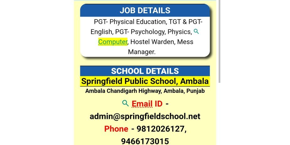 Teacher jobs at Springfield Public School, Ambala, Punjab