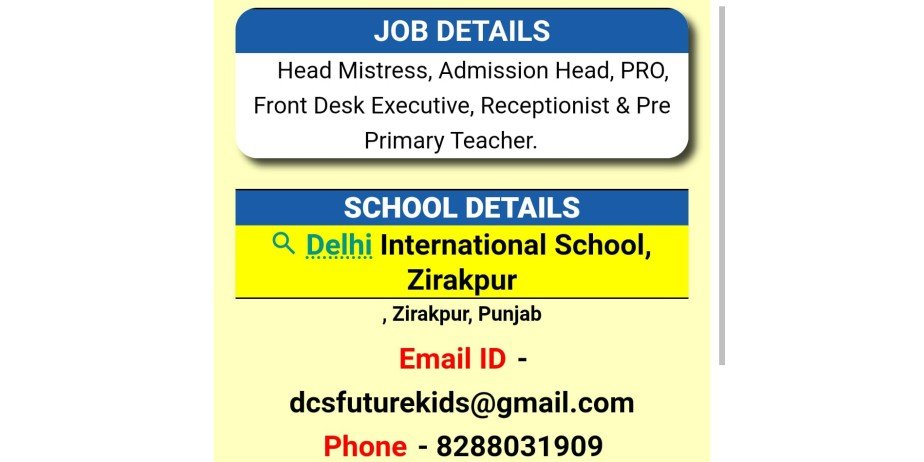 Teacher jobs at Delhi International School,  Zirakpur, Punjab