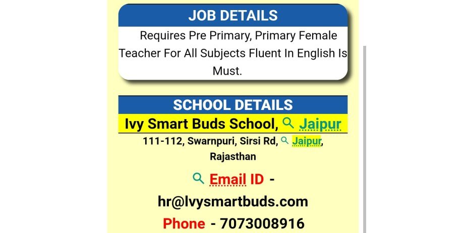 Teacher jobs at Ivy Smart Buds School, Jaipur, Rajasthan