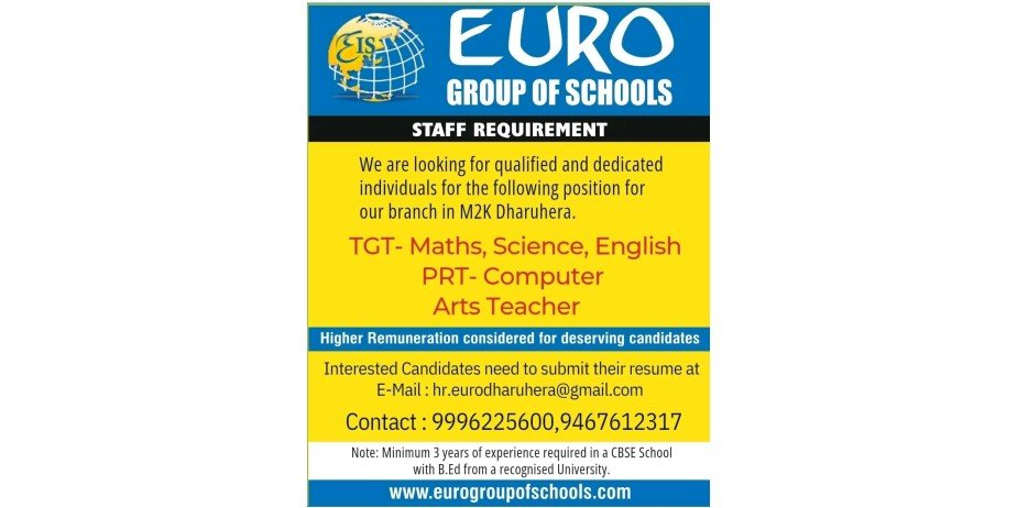 Teacher jobs at Our Euro Group of Schools, Gurugram, Haryana