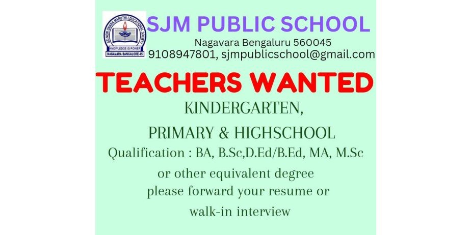 Teacher jobs at SJM Public School, Bengaluru, Karnataka