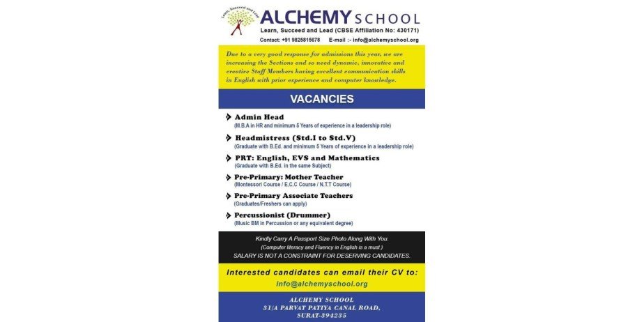 Teacher jobs at Alchemy School, Surat, Gujarat