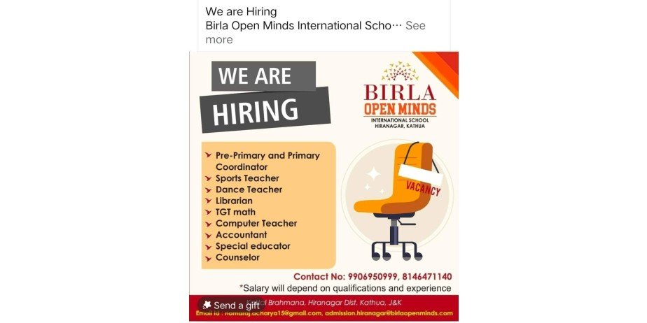 Teacher jobs at Birla Open Minds International School, Kathua, Jammu & Kashmir