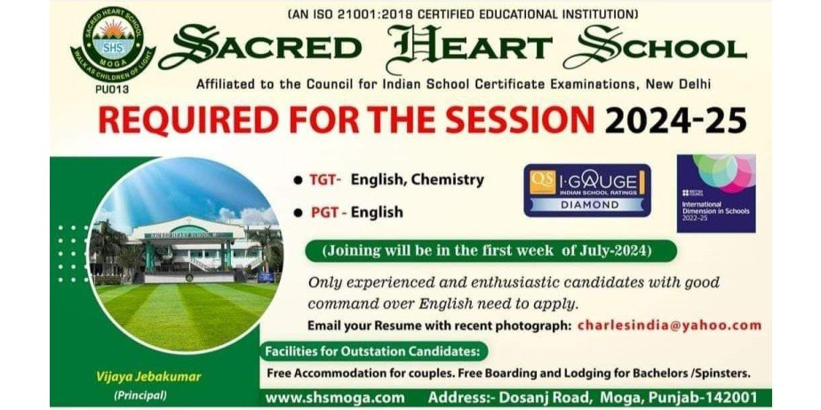 Teacher jobs at Heart Sacred Walk School, Moga, Punjab