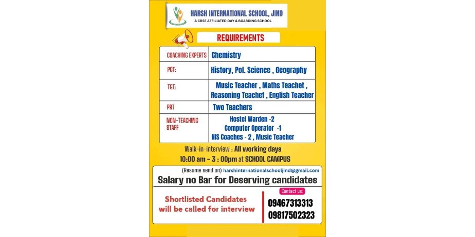 Teacher jobs at Harsh International School, Jind, Haryana