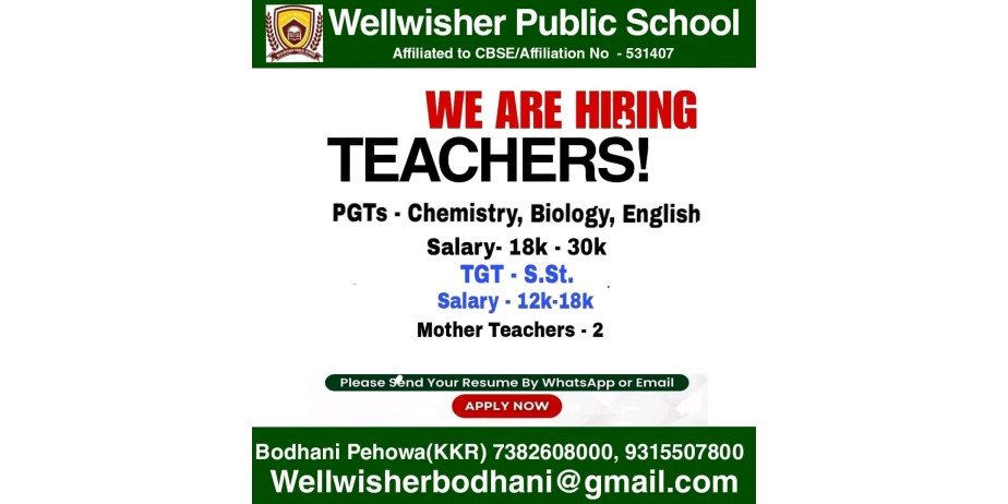 Teacher jobs at Wellwisher Public School, Kurukshetra, Haryana